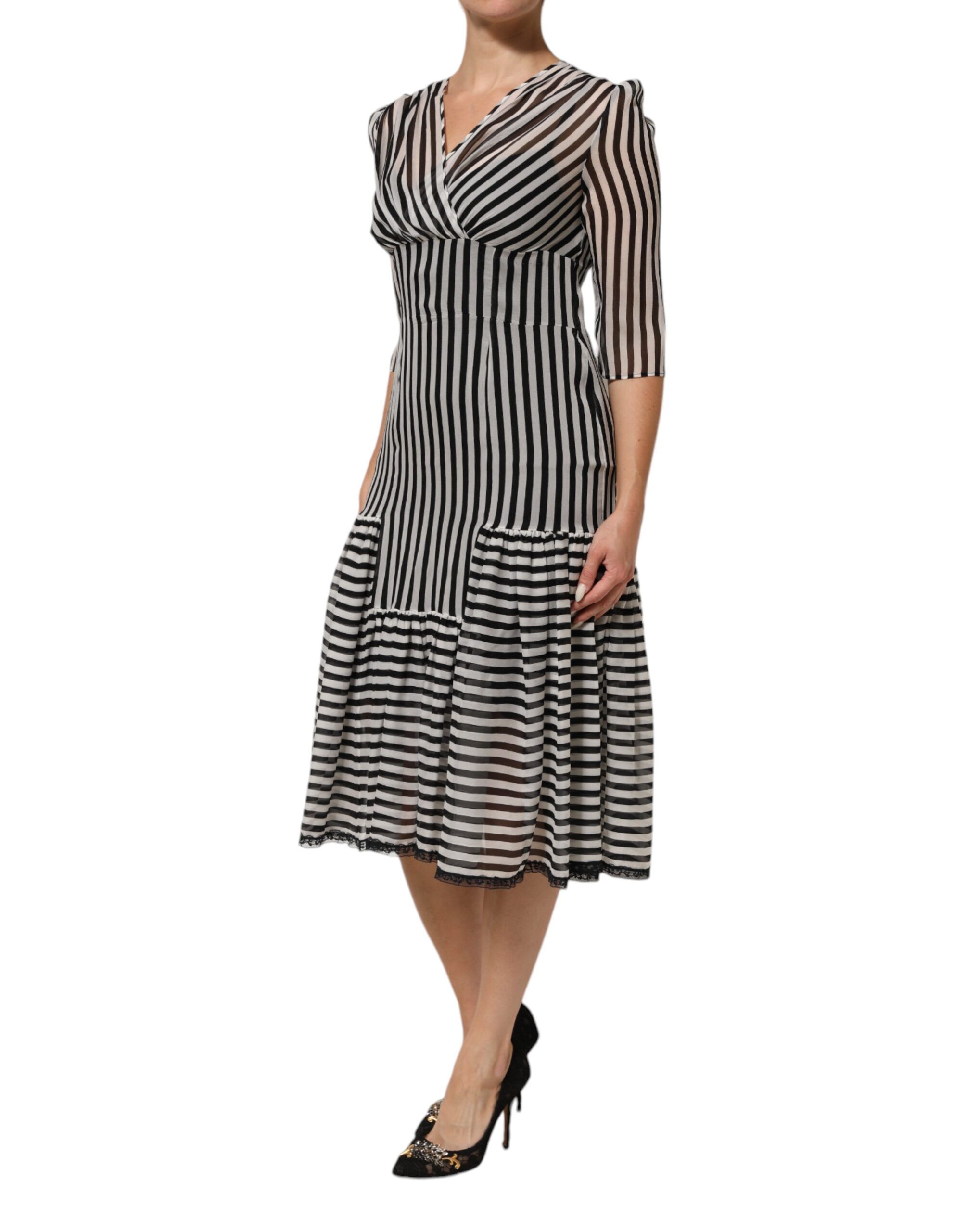 Black White Stripes Silk V-neck Midi Women's Dress (Pre-Owned) - Dolce & Gabbana - Modalova