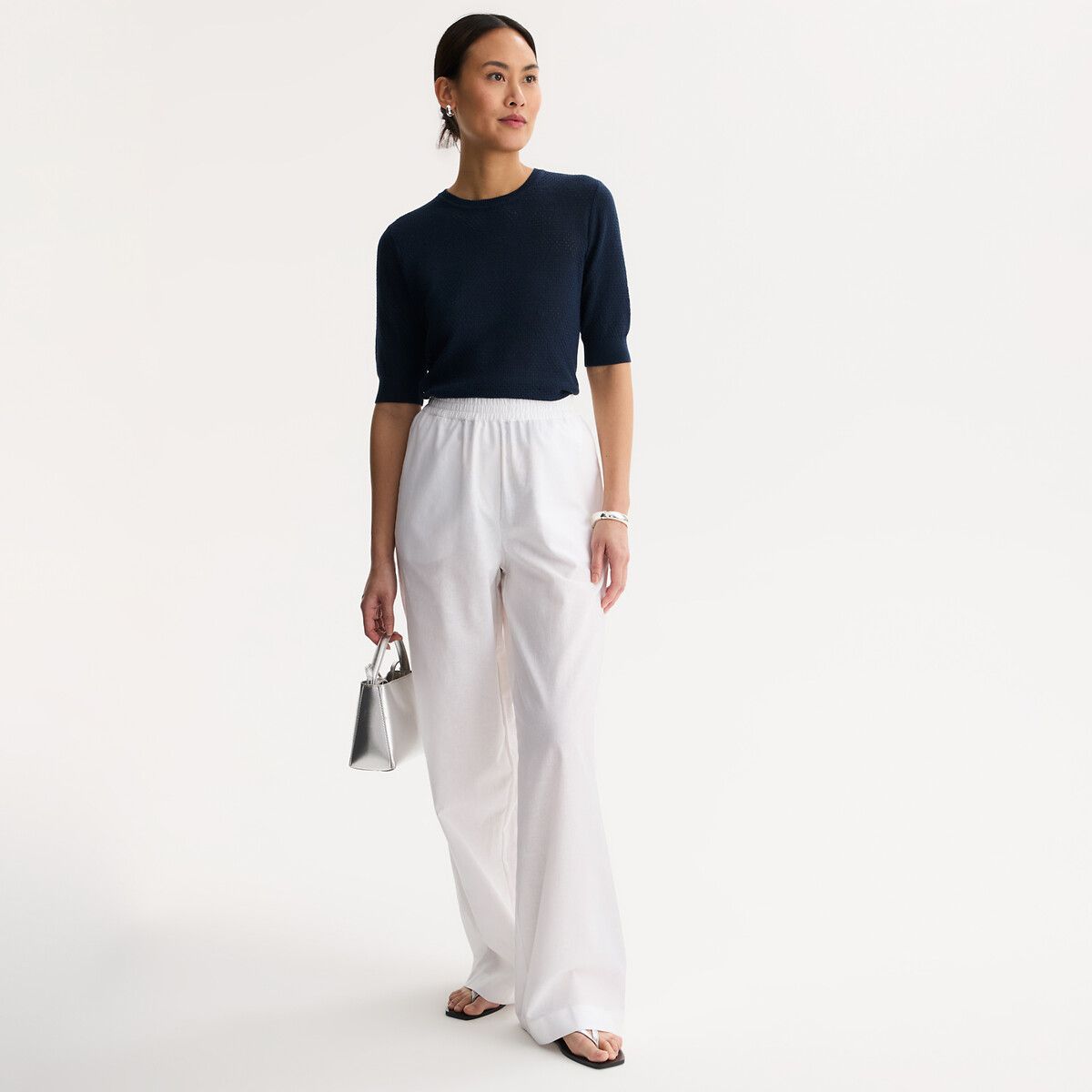 Linen/Cotton Elasticated Waist Wide Leg Trousers - Anne weyburn - Modalova