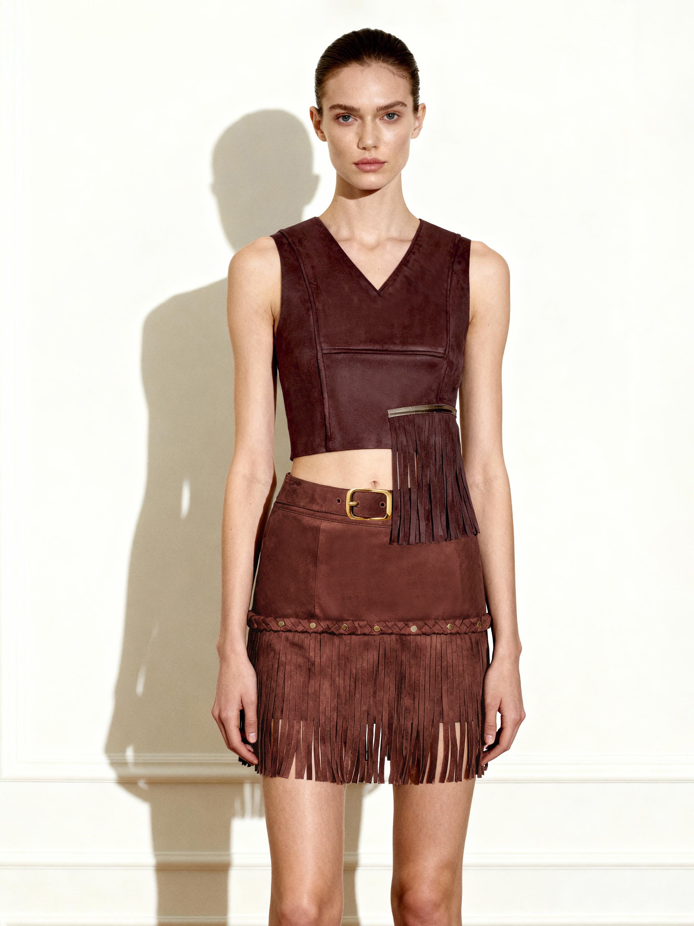 Faux Suede Fringe Halter - Burgundy - JW PEI - Modalova