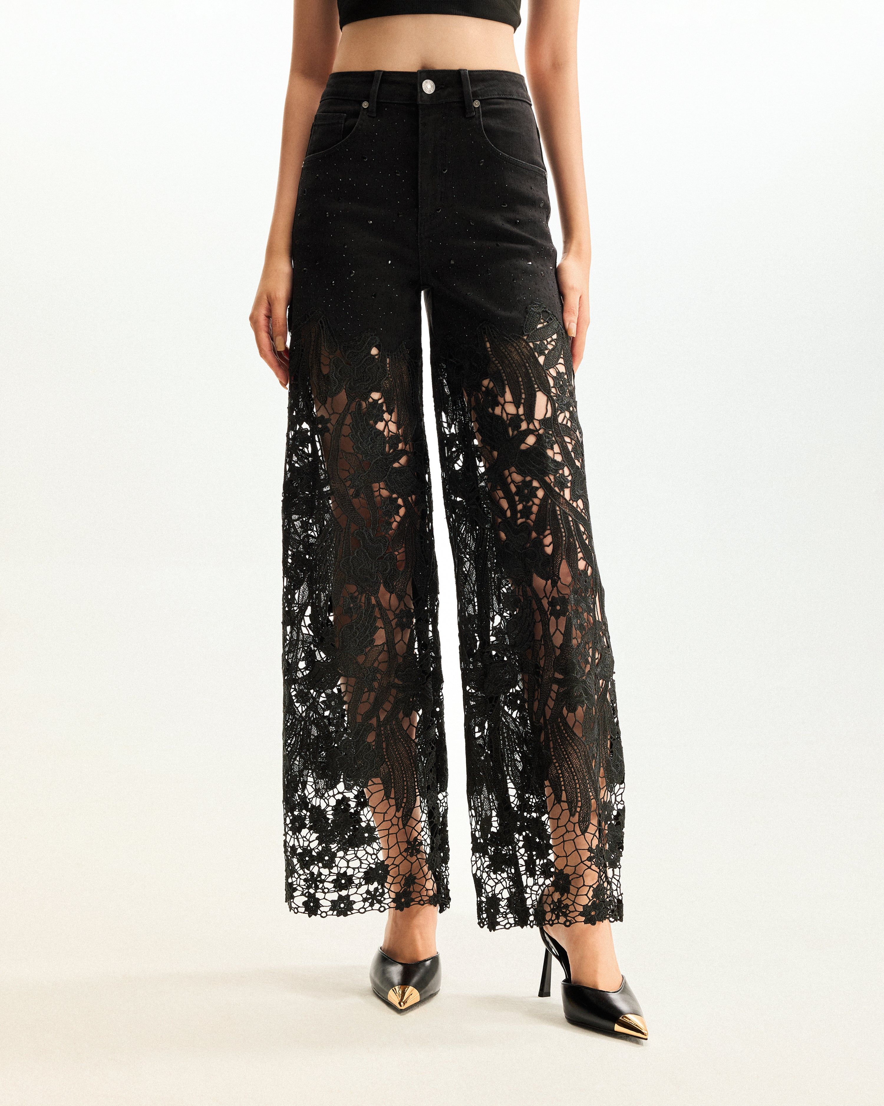 Embroidery High Rise Wide Leg Lace Denim Jeans With Rhinestone - Black - JW PEI - Modalova
