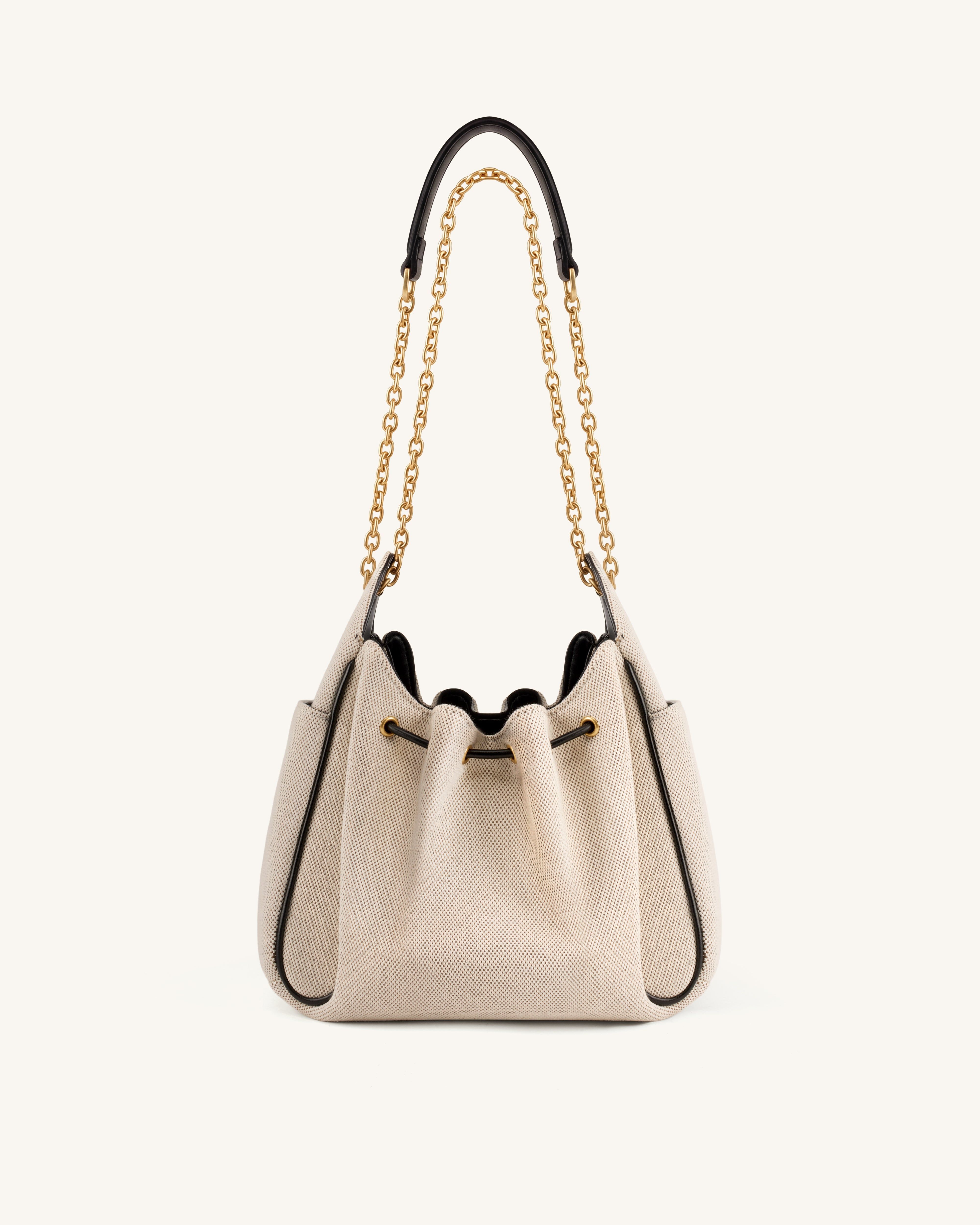 Rowan Ruched Drawstring Chain Bucket Bag - Black Canvas - JW PEI - Modalova