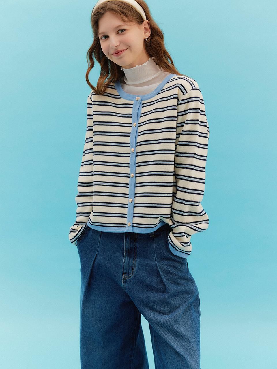 Color Block Stripe Gold Button Elastic Cardigan (TKCCB2929) - VIKI - Modalova