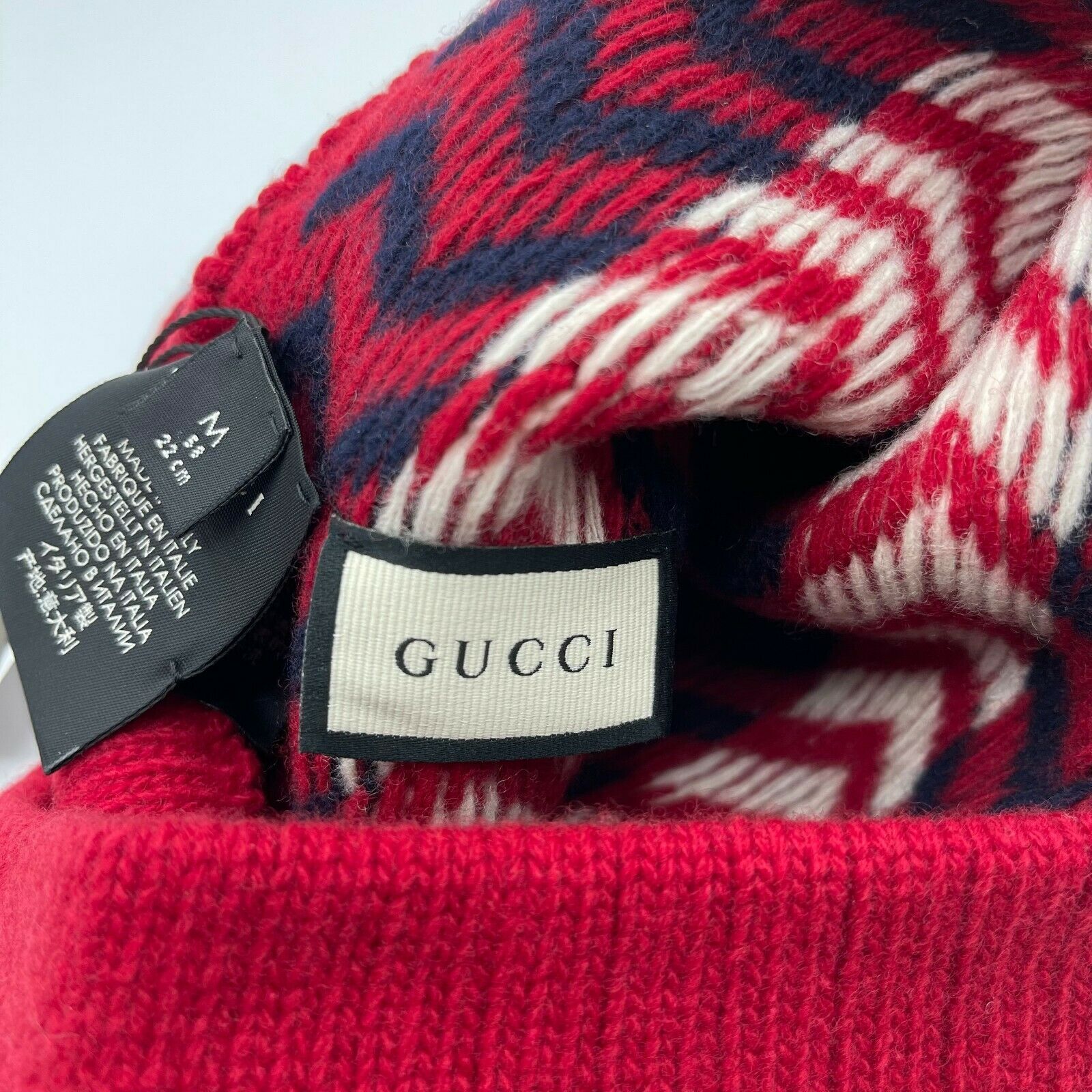 Men's Unisex Wool Red Blue Zigzag Pattern Knit Beanie Hat - Gucci - Modalova