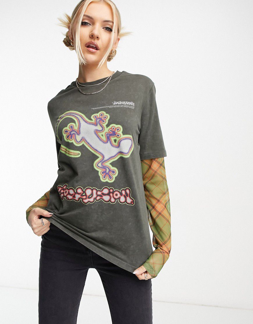 T-shirt con maniche in rete e stampa di lucertola - Collusion - Modalova