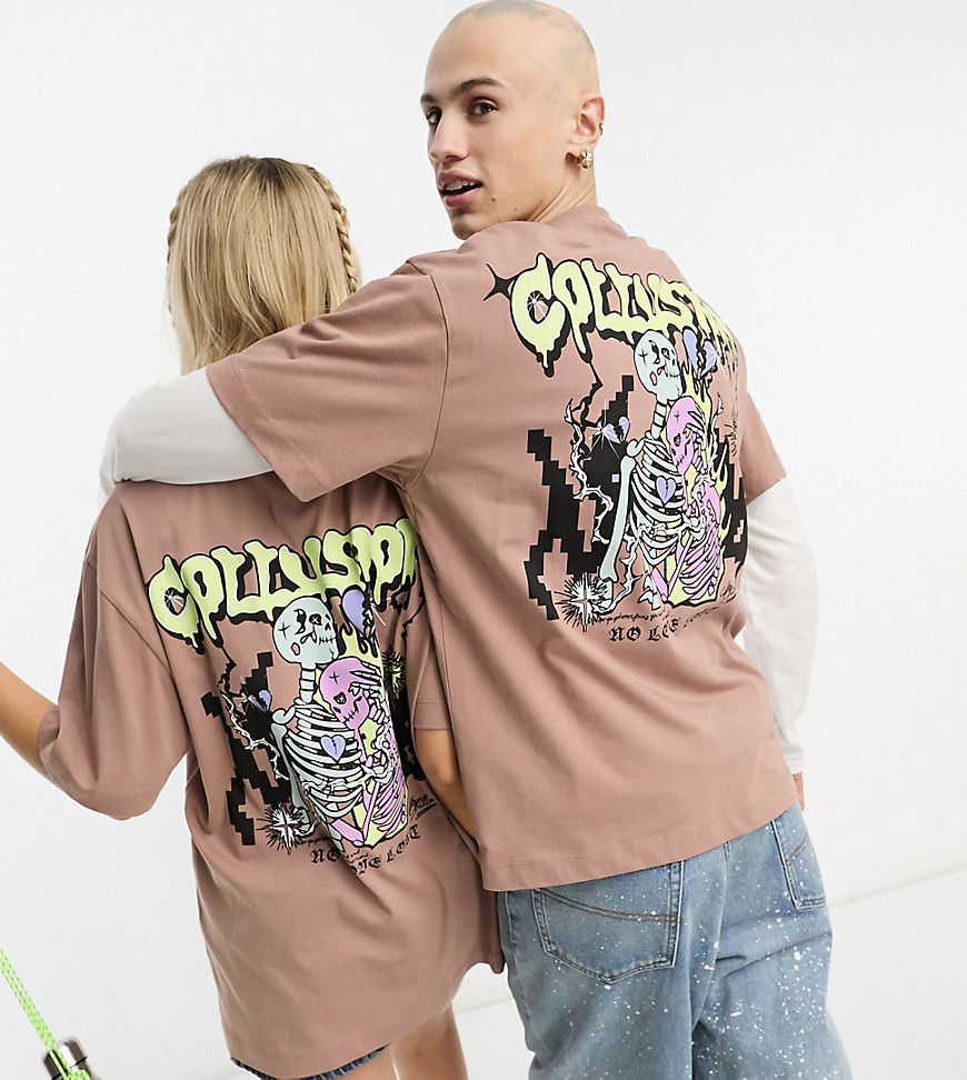 Unisex - T-shirt in piqué marrone con stampa di scheletro - Collusion - Modalova