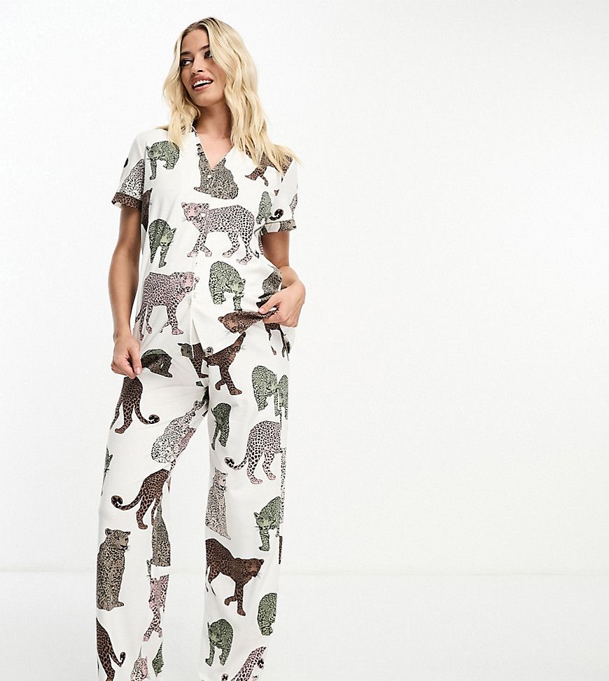 Maternity - Pigiama sporco in cotone tono su tono con stampa di leopardi composto da pantaloni e top a maniche corte con bottoni - Chelsea Peers - Modalova