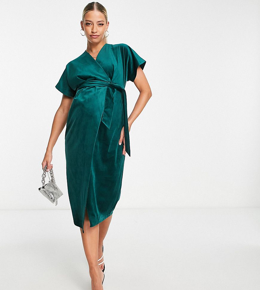 Vestito midi smeraldo in velluto con maniche a kimono e cintura - Closet London Maternity - Modalova