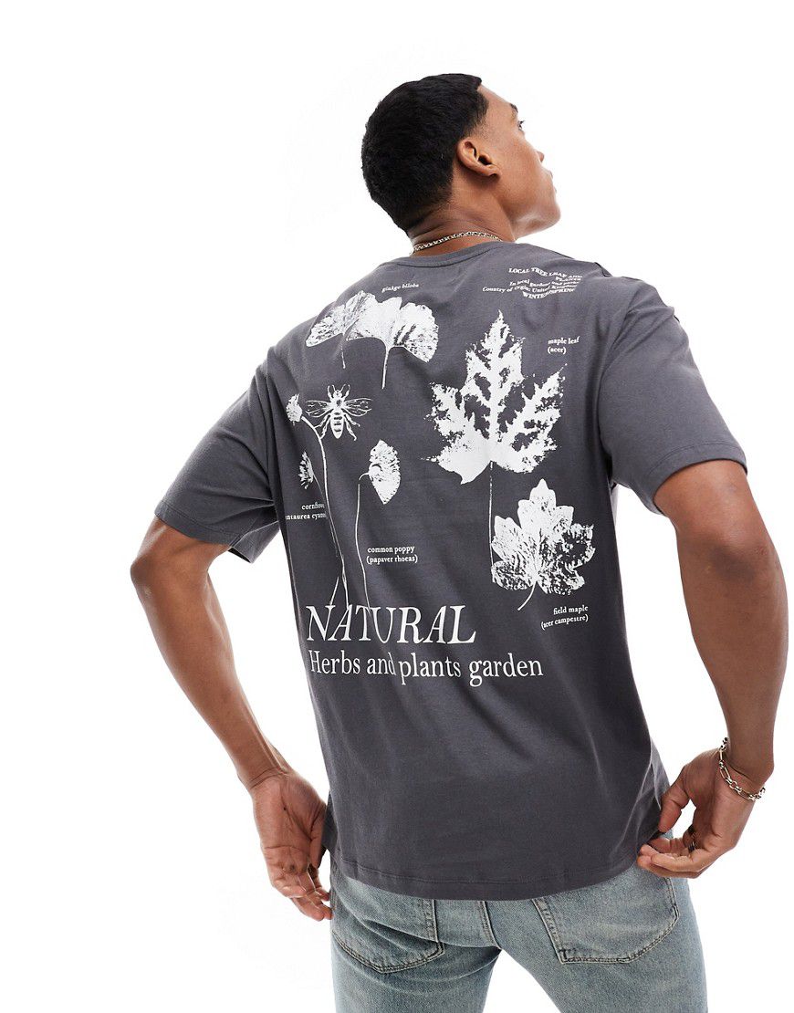 T-shirt oversize grigia con stampa "Natural" di piante sul retro - ADPT - Modalova