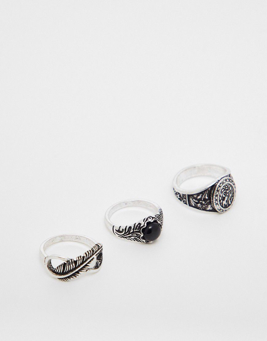 Confezione da 3 anelli misti color brunito con pietra e incisioni - ASOS DESIGN - Modalova