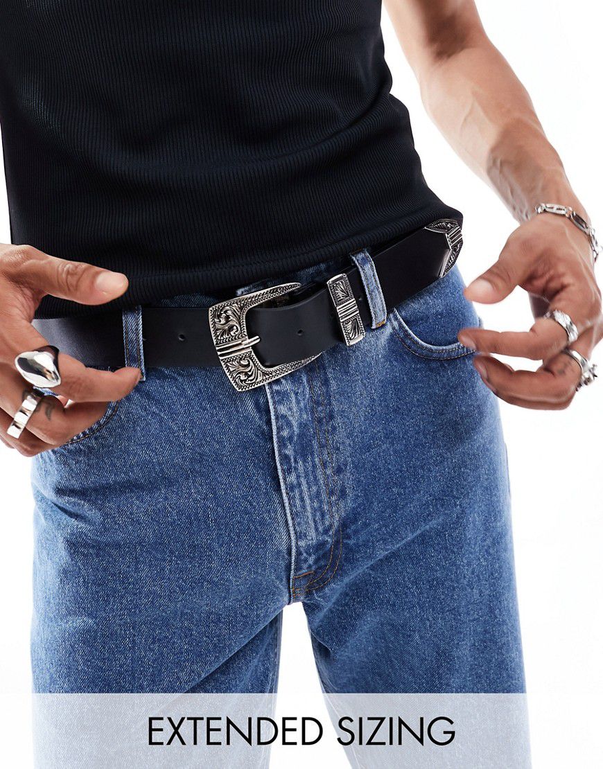 Cintura in pelle sintetica nera con fibbia argento stile western - ASOS DESIGN - Modalova