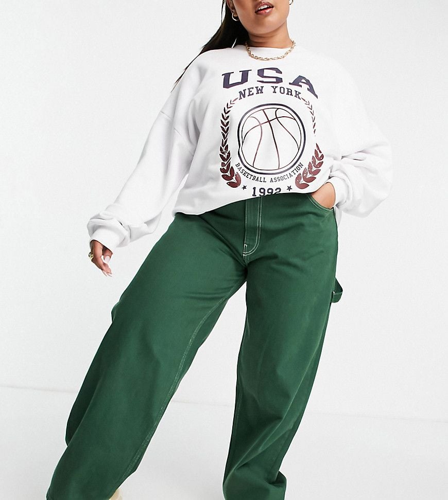 ASOS DESIGN Curve - Jeans modello skater oversize a vita medio alta verdi con cuciture con filo a contrasto - ASOS Curve - Modalova