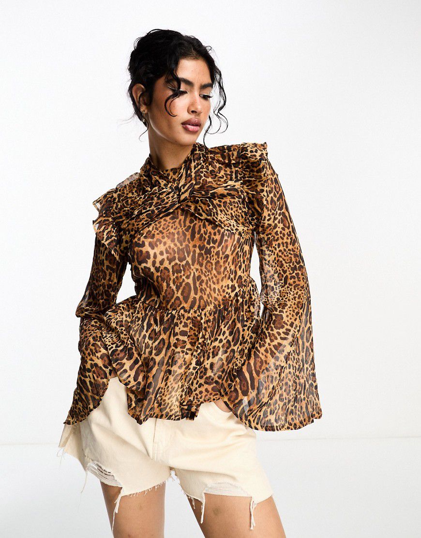 Blusa a maniche lunghe con scollo incrociato drappeggiato e stampa leopardata - ASOS DESIGN - Modalova
