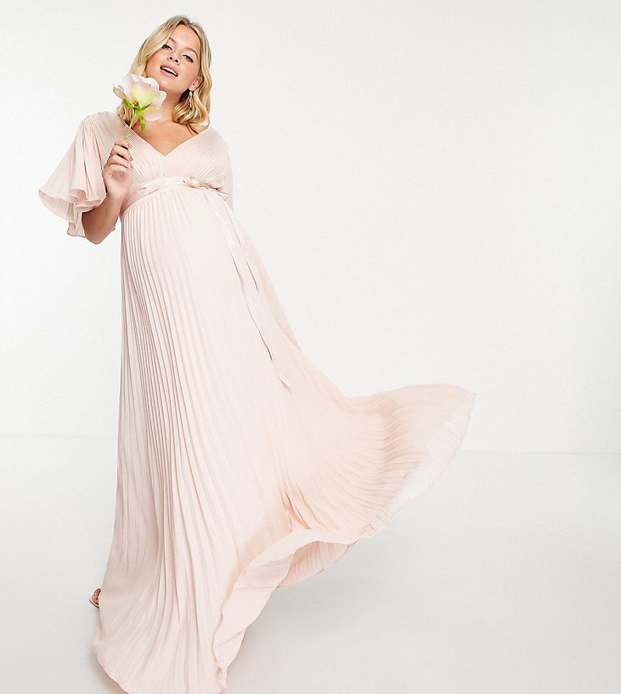 ASOS DESIGN Maternity - Vestito lungo da damigella a pieghe con maniche con volant e vita in raso avvolgente - ASOS Maternity - Modalova