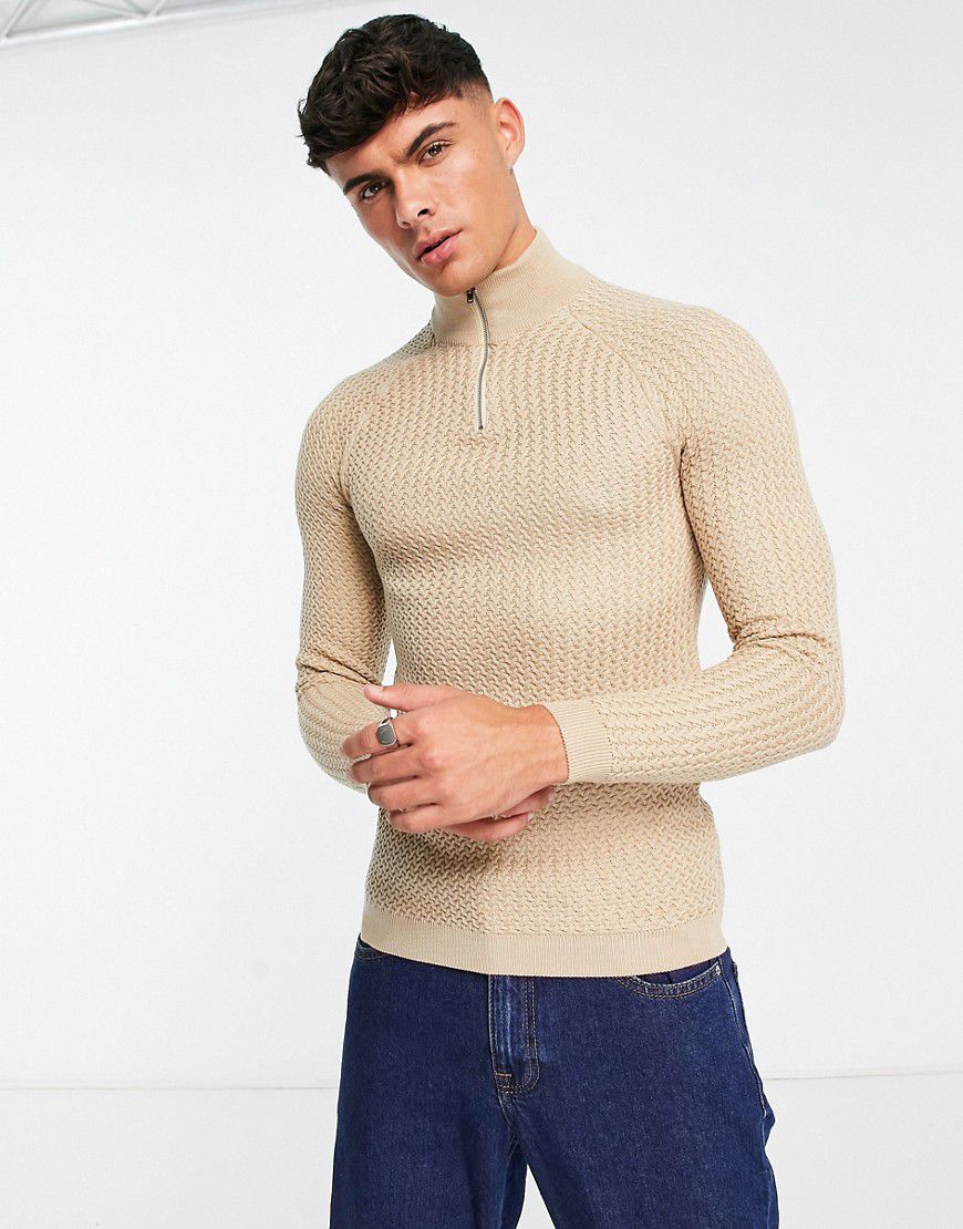 Maglione attillato in maglia testurizzata con zip corta color avena - ASOS DESIGN - Modalova