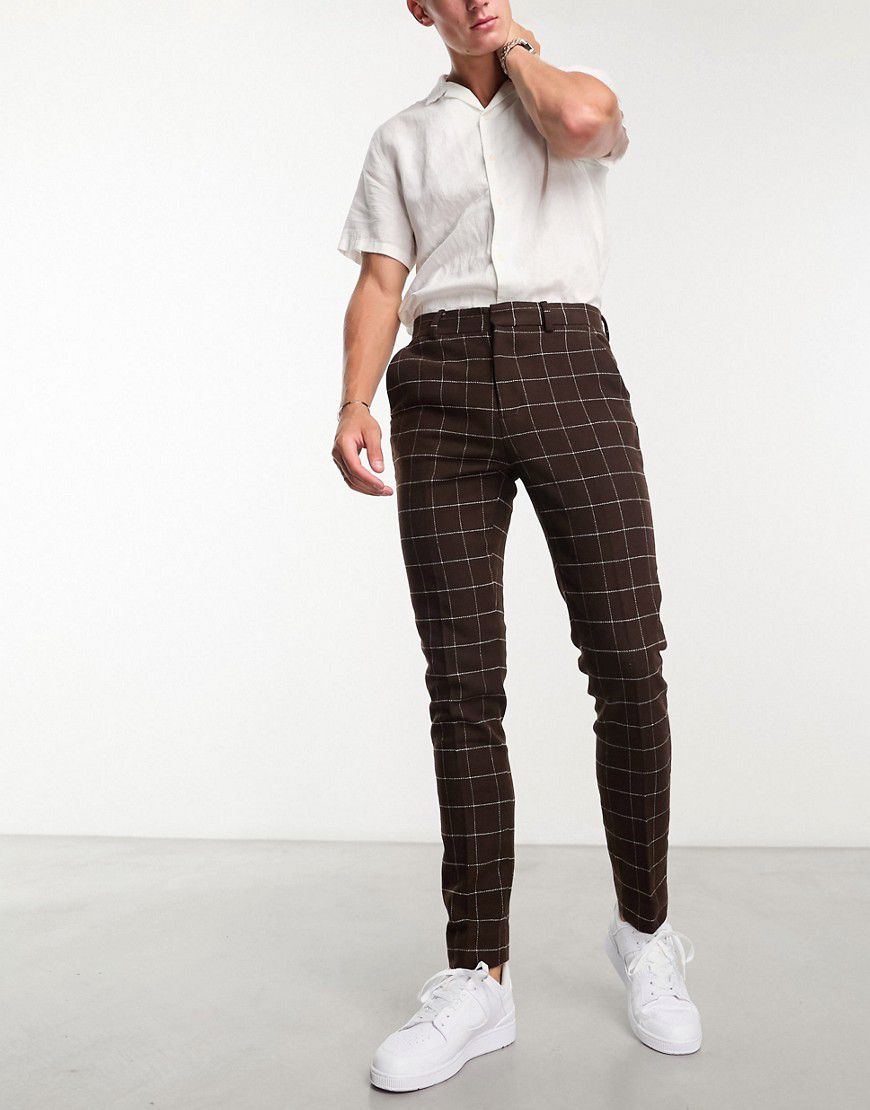 Pantaloni eleganti skinny in misto lana cioccolato a quadri larghi - ASOS DESIGN - Modalova