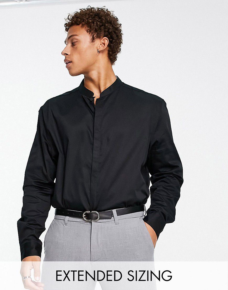 Premium - Camicia slim nera in rasatello con colletto alla coreana - ASOS DESIGN - Modalova