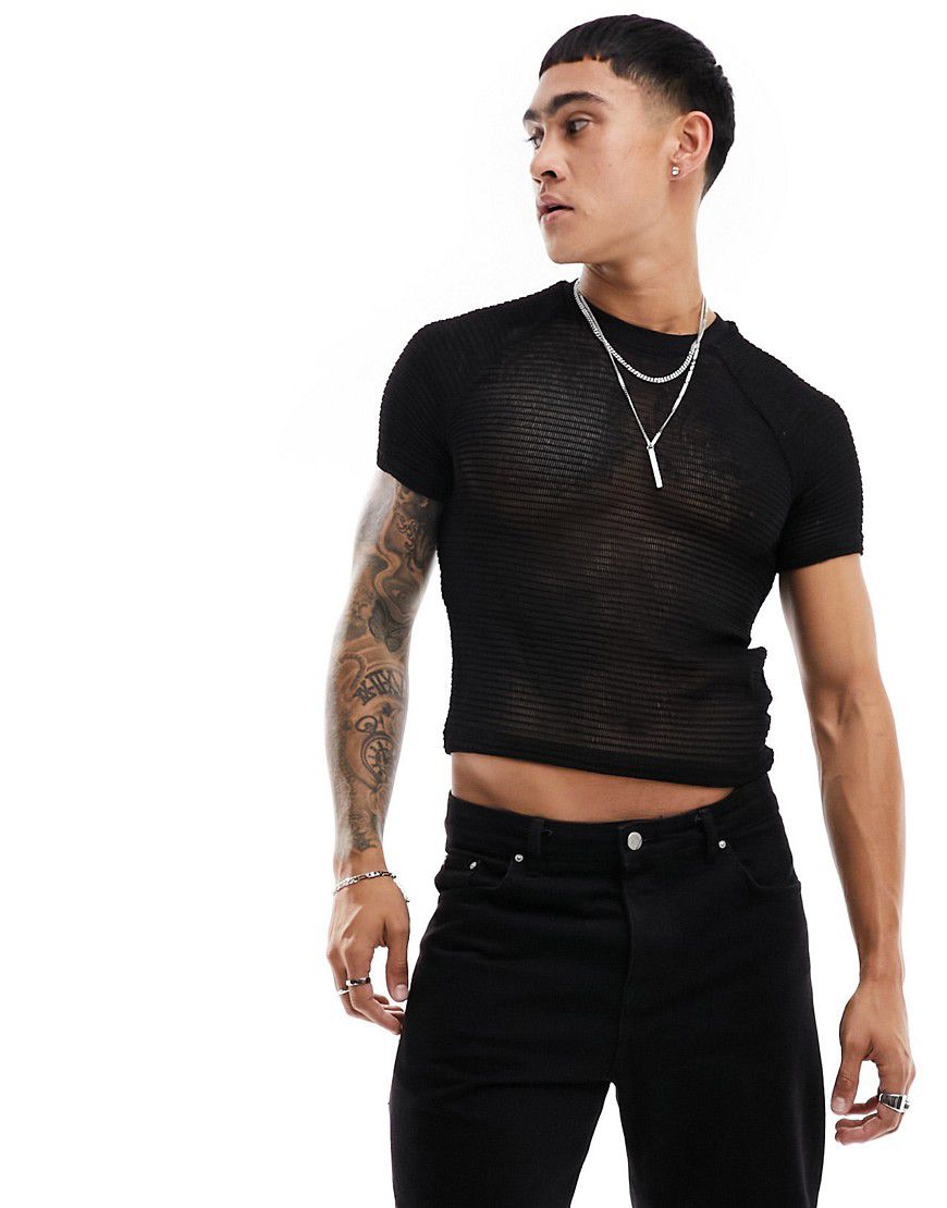 T-shirt attillata nera testurizzata con maniche raglan - ASOS DESIGN - Modalova
