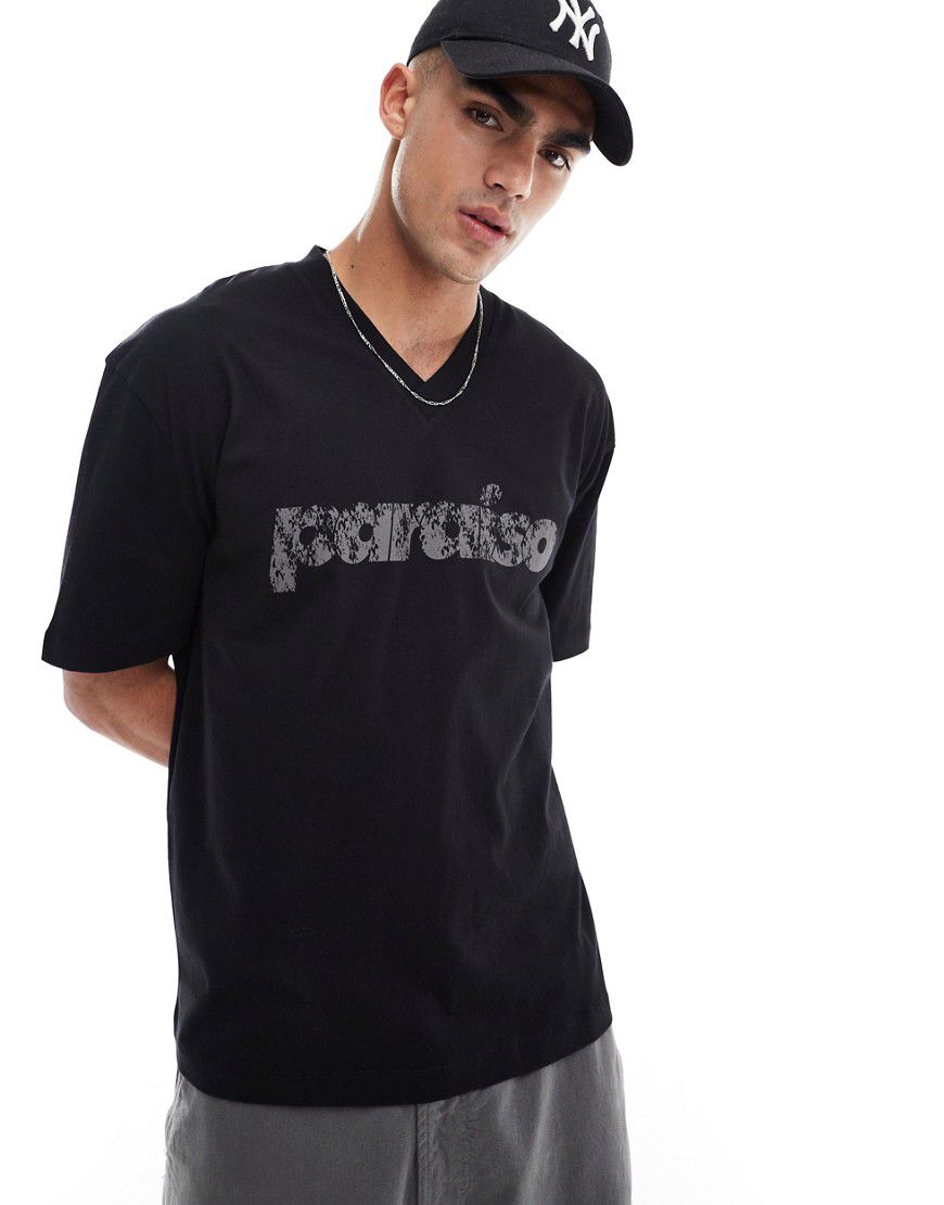 T-shirt oversize nera con scollo a V e stampa con scritta invecchiata - ASOS DESIGN - Modalova