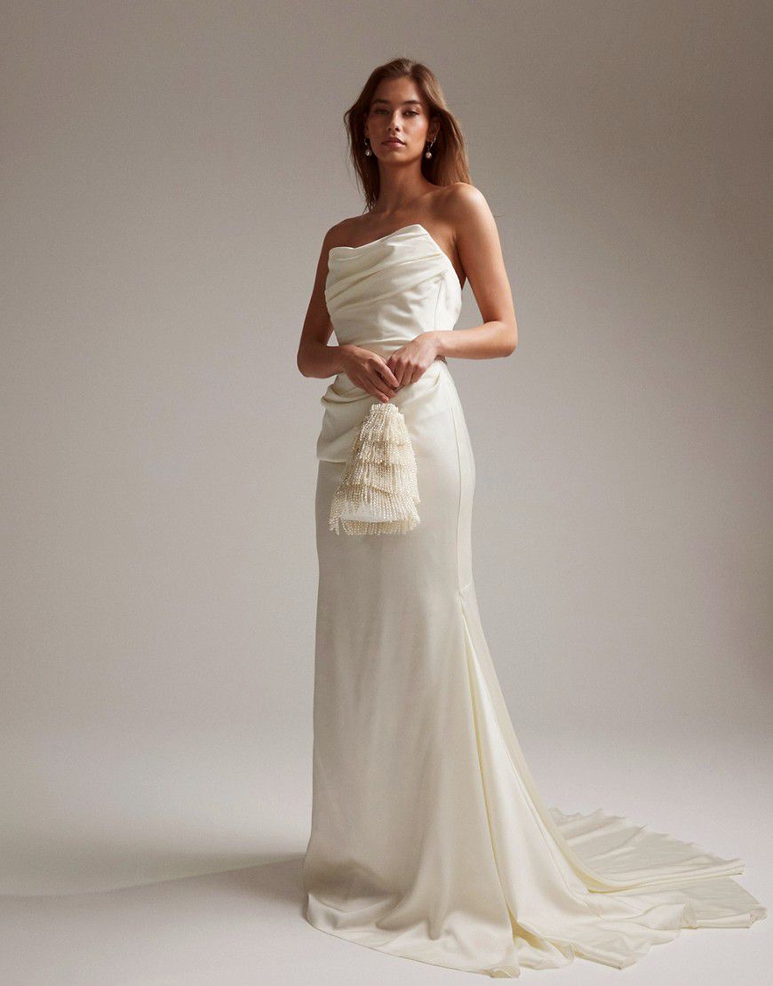 Vestito da sposa a fascia in raso avorio con strascico - ASOS DESIGN - Modalova