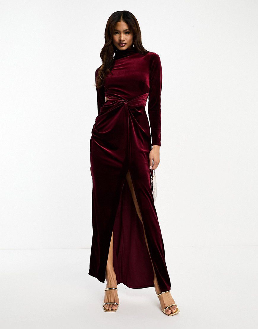 Vestito midi asimmetrico in velluto color vinaccia arricciato con nodo - ASOS DESIGN - Modalova