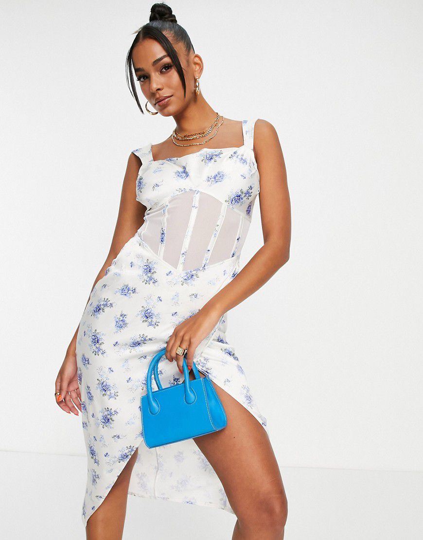 Vestito midi in rete a fiorellini blu con corsetto - ASOS DESIGN - Modalova