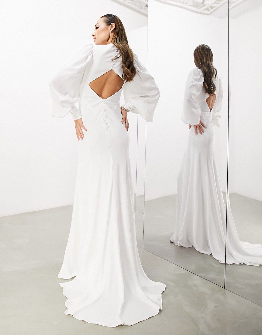 ASOS EDITION - Lucinda - Vestito lungo da sposa in raso color avorio con cut-out sul retro e maniche a campana - ASOS DESIGN - Modalova