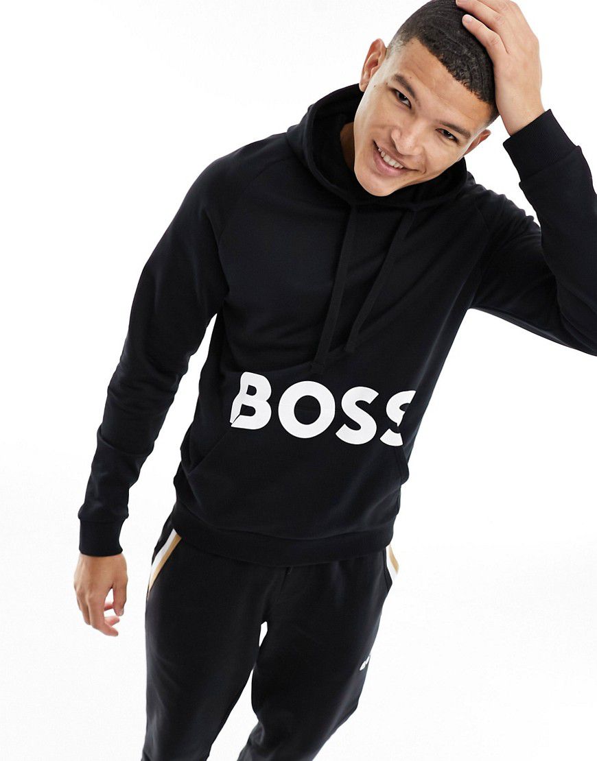 Felpa nera con cappuccio e stampa del logo - BOSS Bodywear - Modalova