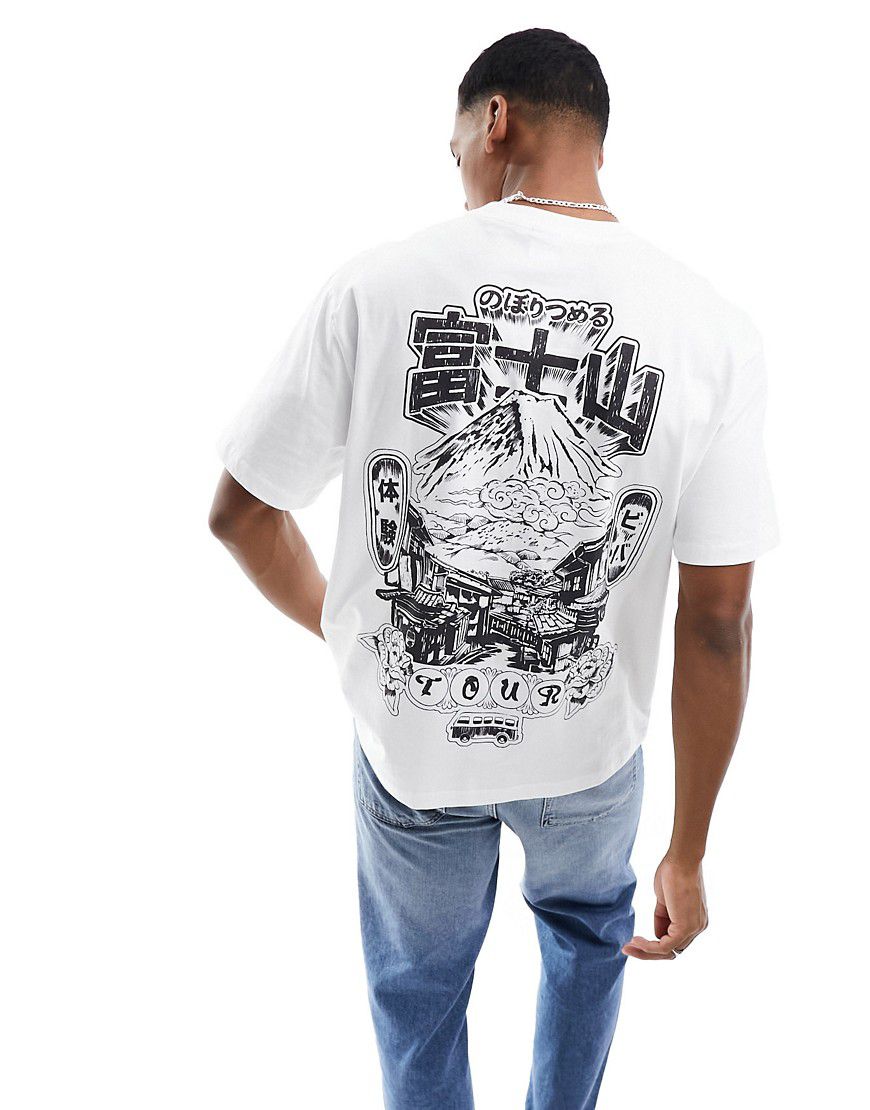 T-shirt bianca con stampa di montagna giapponese sul retro - Bershka - Modalova