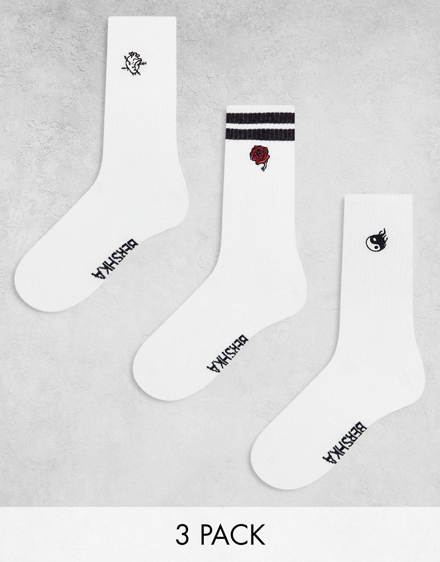 Confezione da 3 paia di calzini ricamati bianchi - Bershka - Modalova
