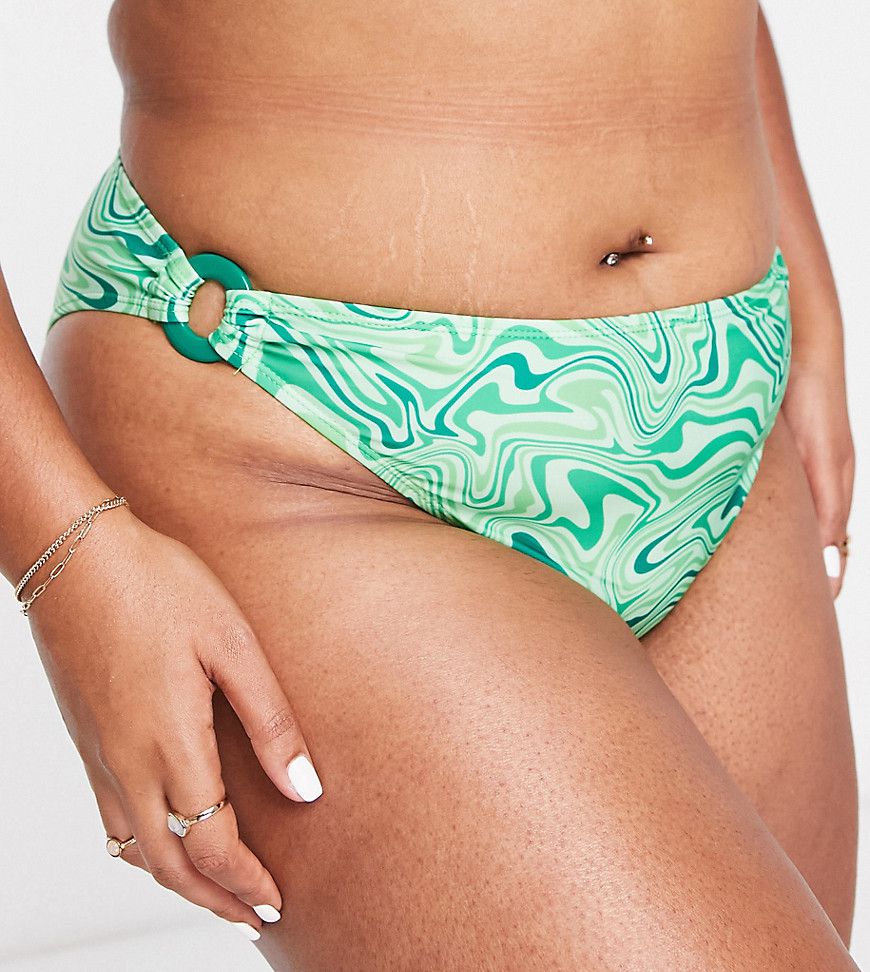 Plus - Slip bikini verdi con stampa astratta e dettaglio ad anello - Brave Soul - Modalova