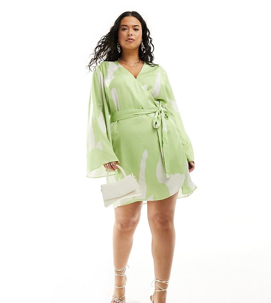 Esclusiva ASOS DESIGN Curve - Vestito corto a portafoglio in raso verde con stampa astratta e allacciatura in vita - ASOS Curve - Modalova