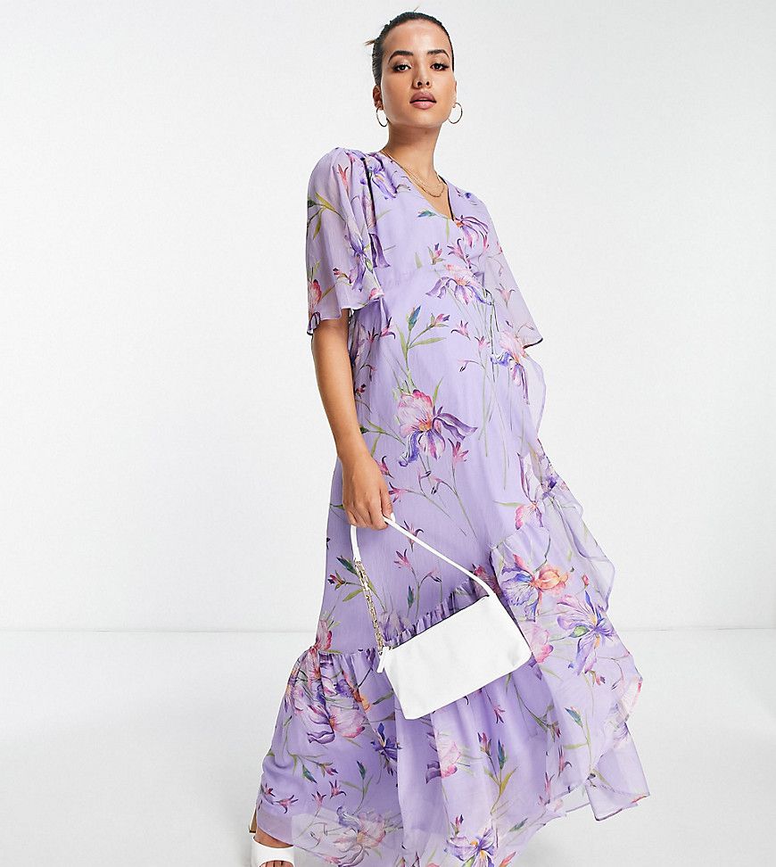 Vestito lungo a portafoglio viola a fiori con maniche con volant - Hope & Ivy Maternity - Modalova