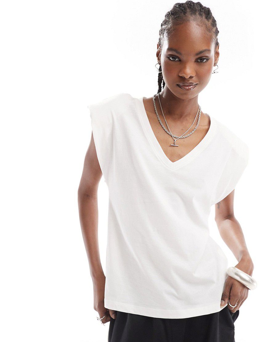 T-shirt bianca con spalline imbottite e scollo a V - ONLY - Modalova