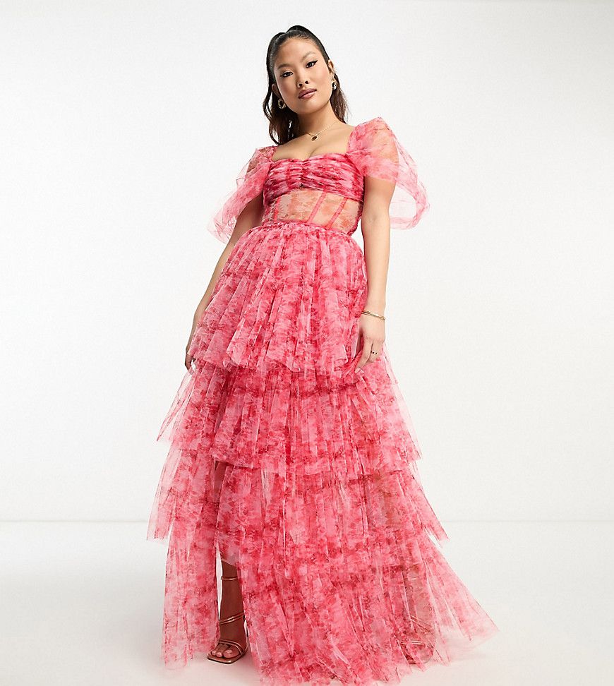 Vestito lungo in tulle con spalle scoperte e corsetto rosa e a fiori - Lace & Beads Petite - Modalova