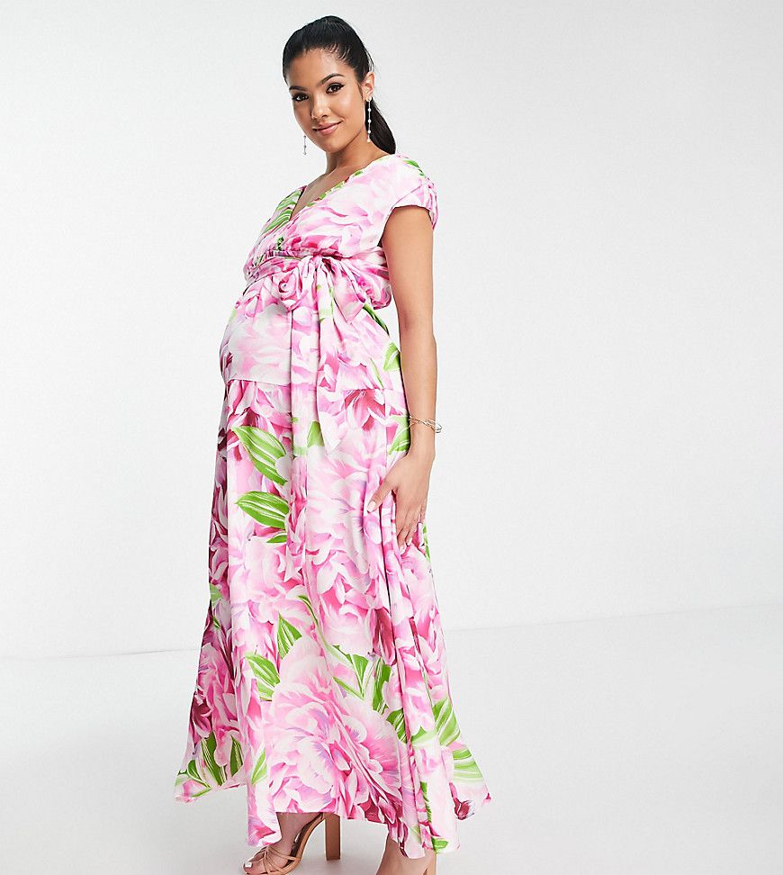 Vestito lungo verde e rosa a fiori con scollo profondo - Liquorish Maternity - Modalova