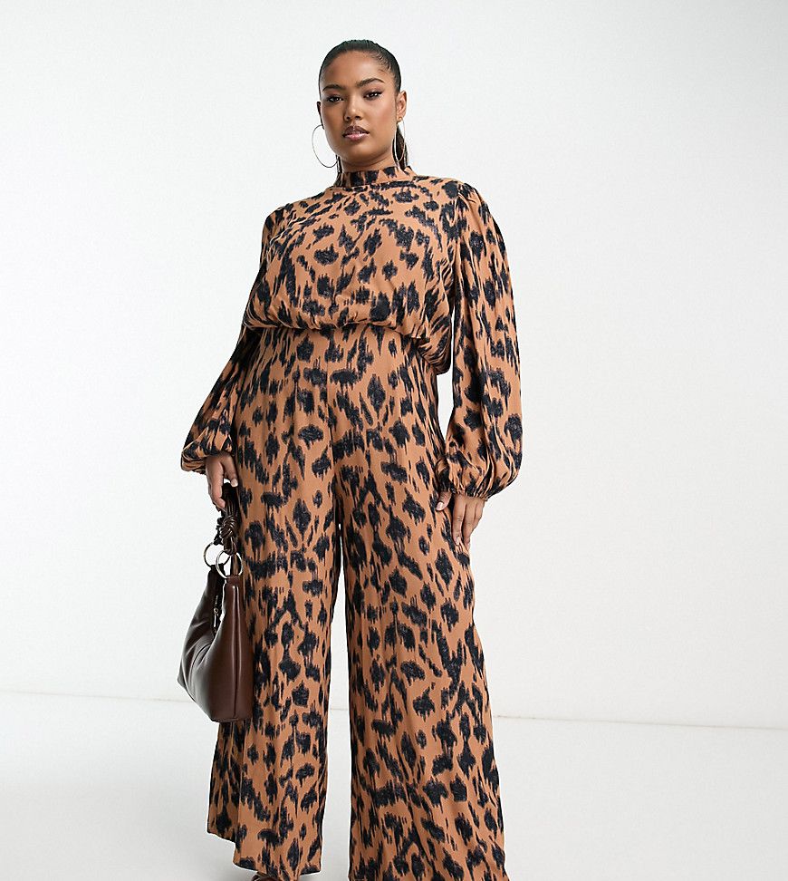Tuta jumpsuit a fondo ampio con stampa leopardata - Never Fully Dressed Plus - Modalova