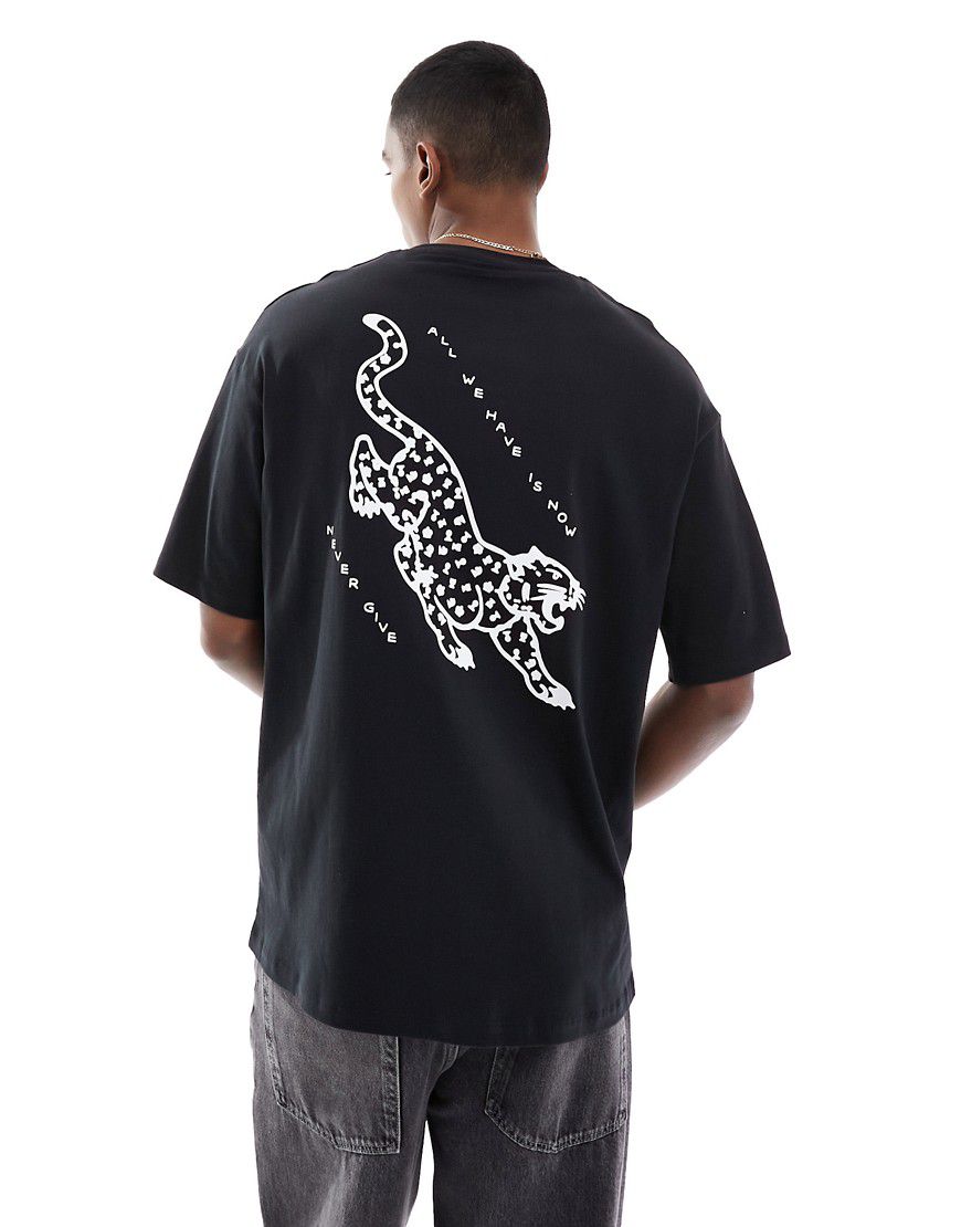 T-shirt oversize nera con stampa di tigre giapponese sulla schiena - Selected Homme - Modalova