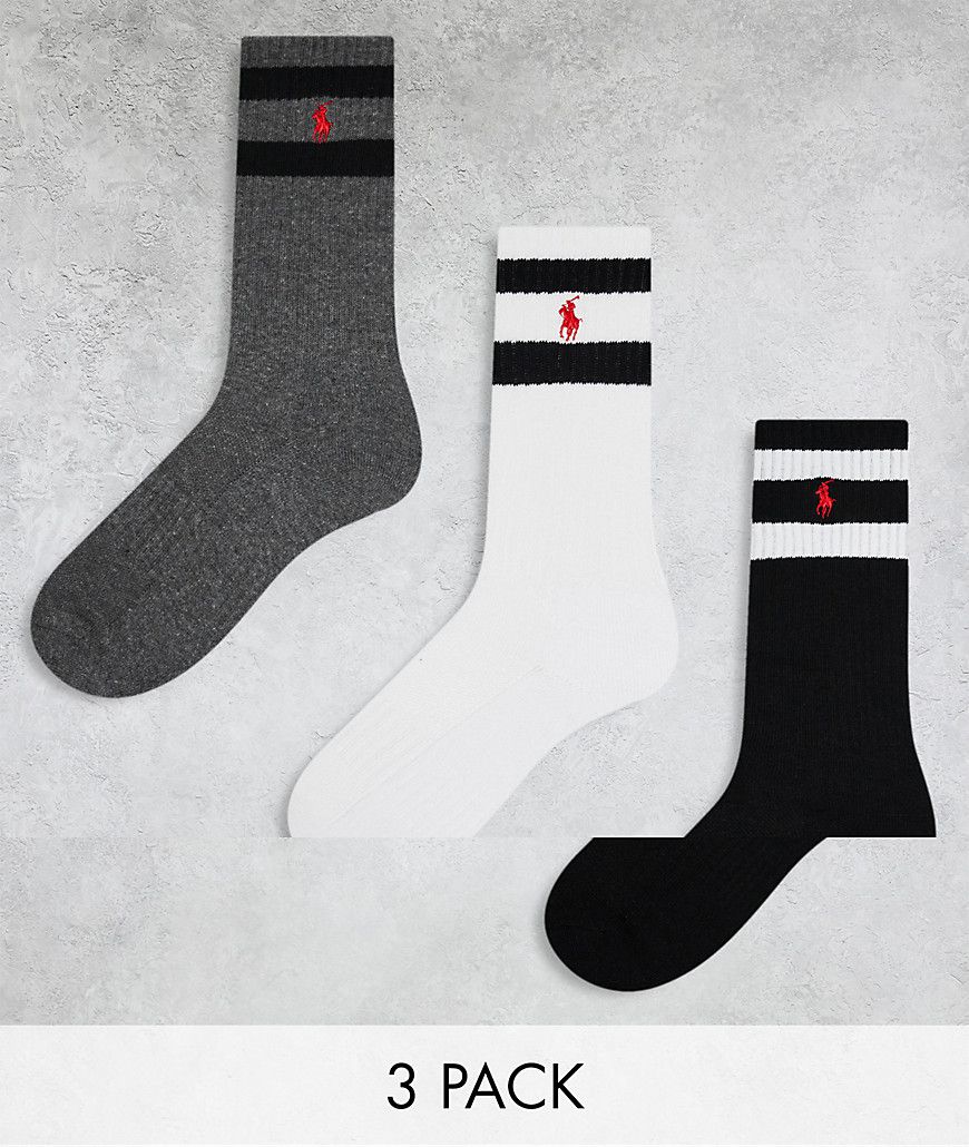 Confezione da 3 paia di calzini sportivi neri, grigi e bianchi a righe - Polo Ralph Lauren - Modalova