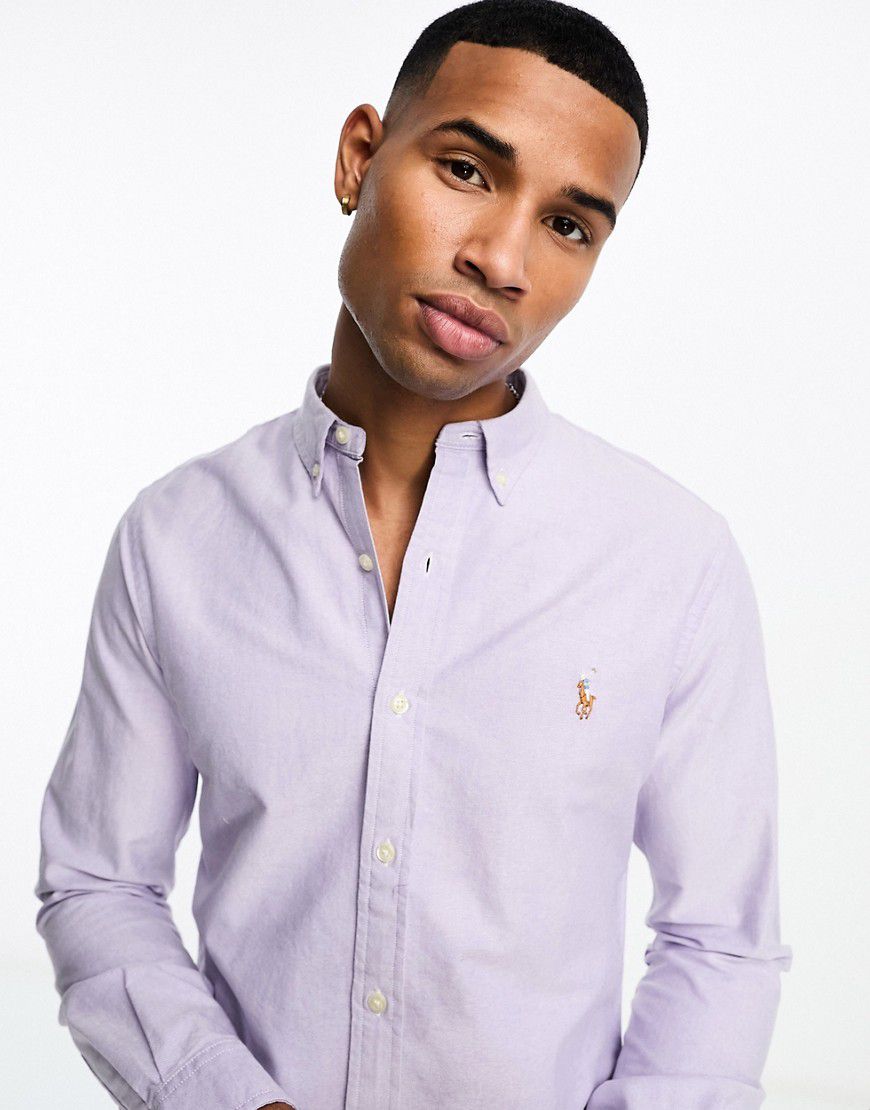 Icon - Camicia Oxford slim fit lilla con logo - Polo Ralph Lauren - Modalova