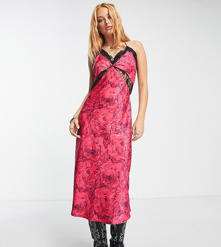 Inspired - Vestito con spalline sottili in raso jacquard con stampa di rose - Reclaimed Vintage - Modalova