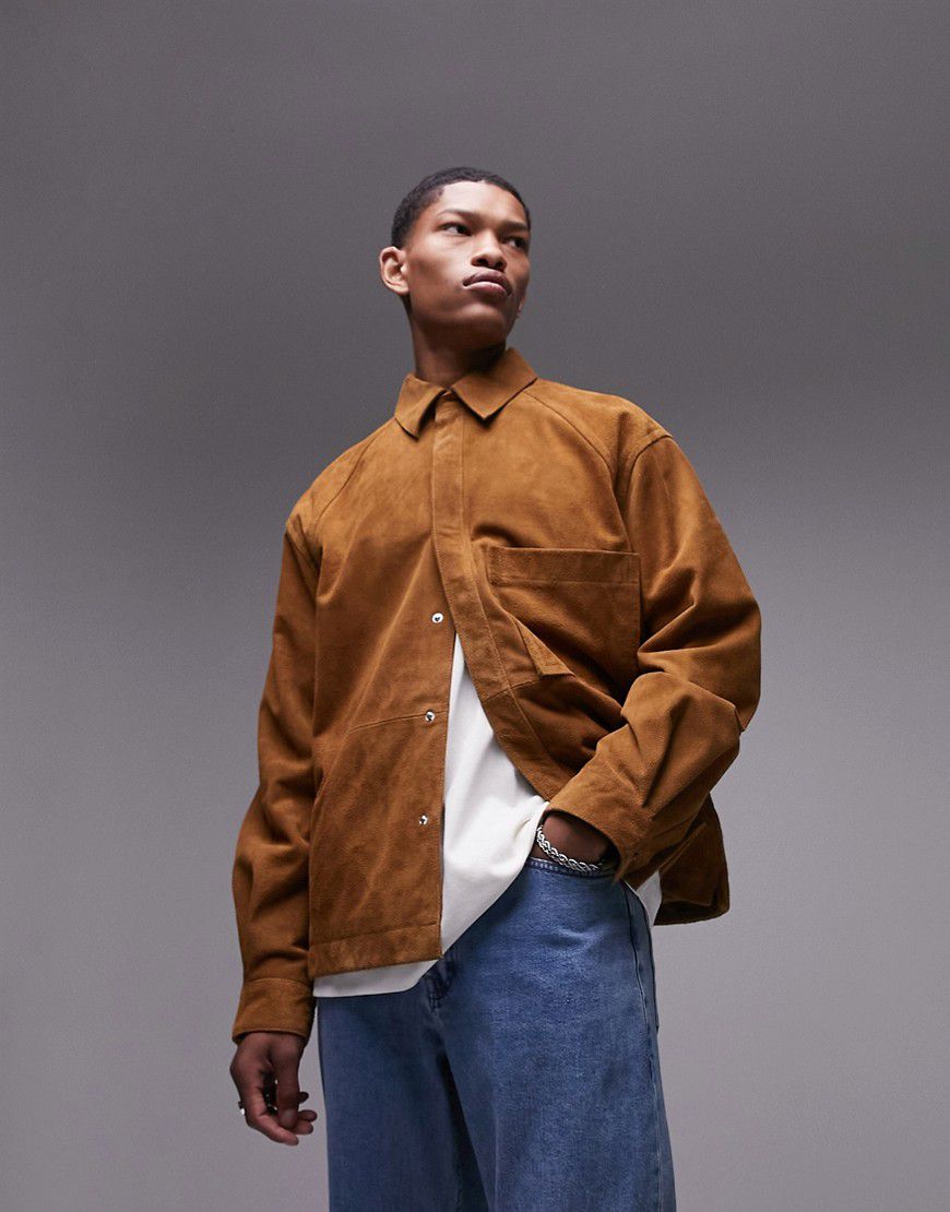 Premium - Camicia giacca color cuoio in vero camoscio - Topman - Modalova