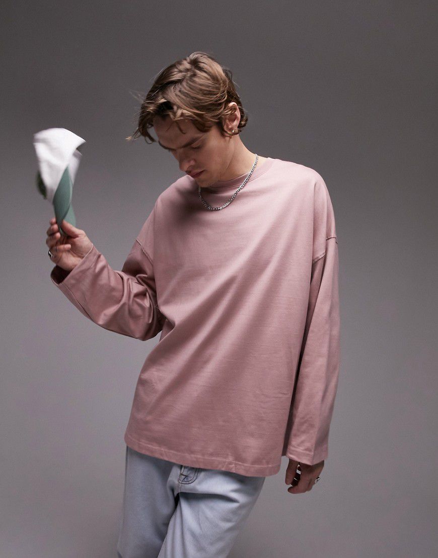 T-shirt oversize a maniche lunghe pesante color polvere - Topman - Modalova