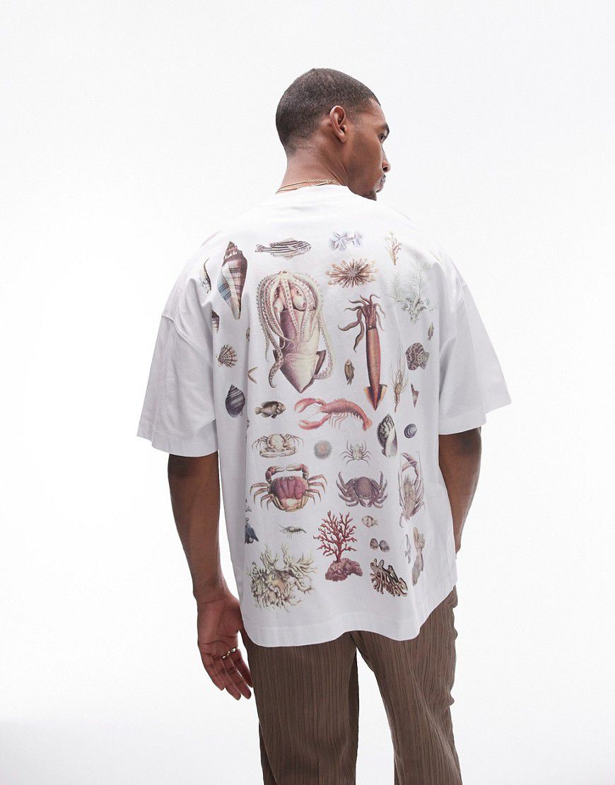 T-shirt super oversize bianca con stampa con creature marine sul davanti e sul retro - Topman - Modalova