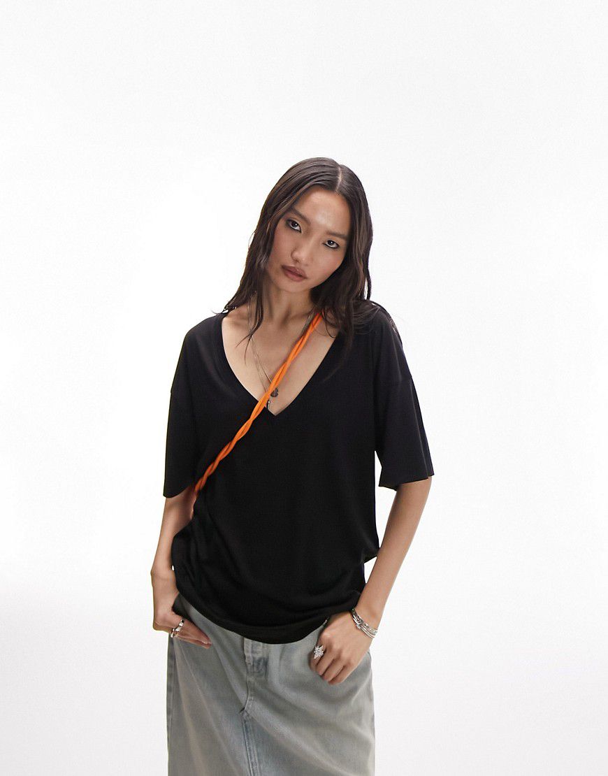 T-shirt premium basic extra larga nera con scollo a V - Topshop - Modalova