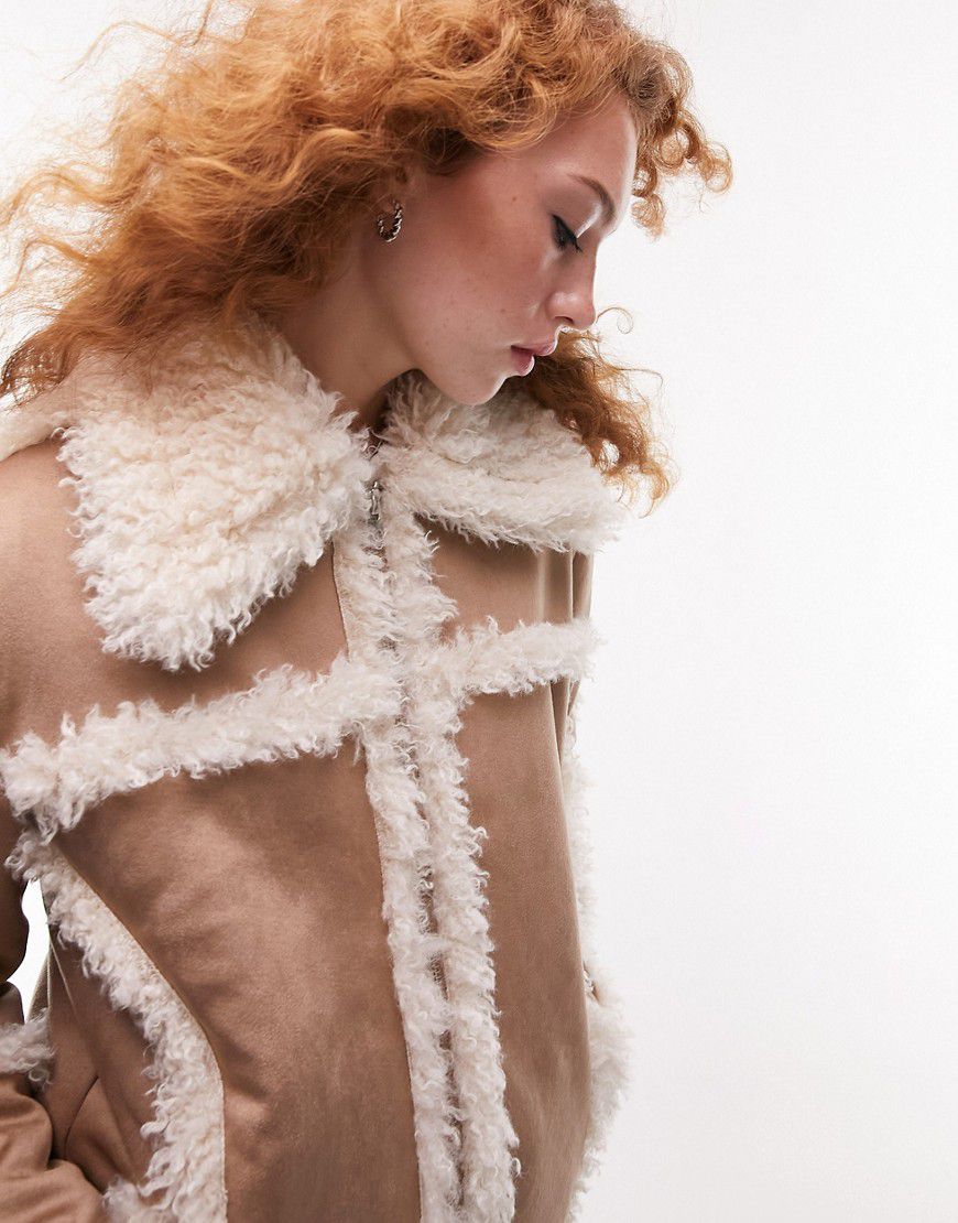 Cappotto di media lunghezza in pelliccia sintetica color cuoio anni '70 - Topshop - Modalova