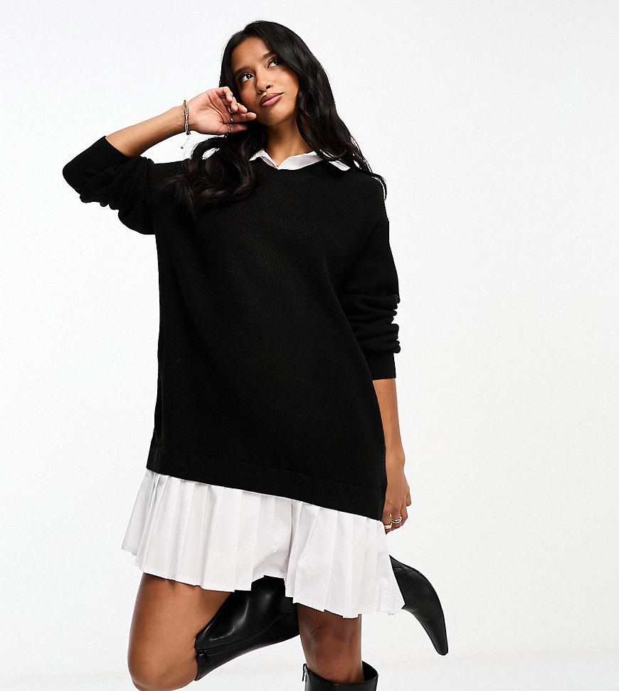 Petite - Bing - Vestito maglia con camicia 2 in 1 nero e bianco - Threadbare - Modalova