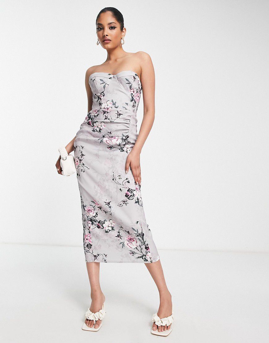 Vestito midi a fascia a corsetto argento e rosa con stampa a fiori - True Violet - Modalova