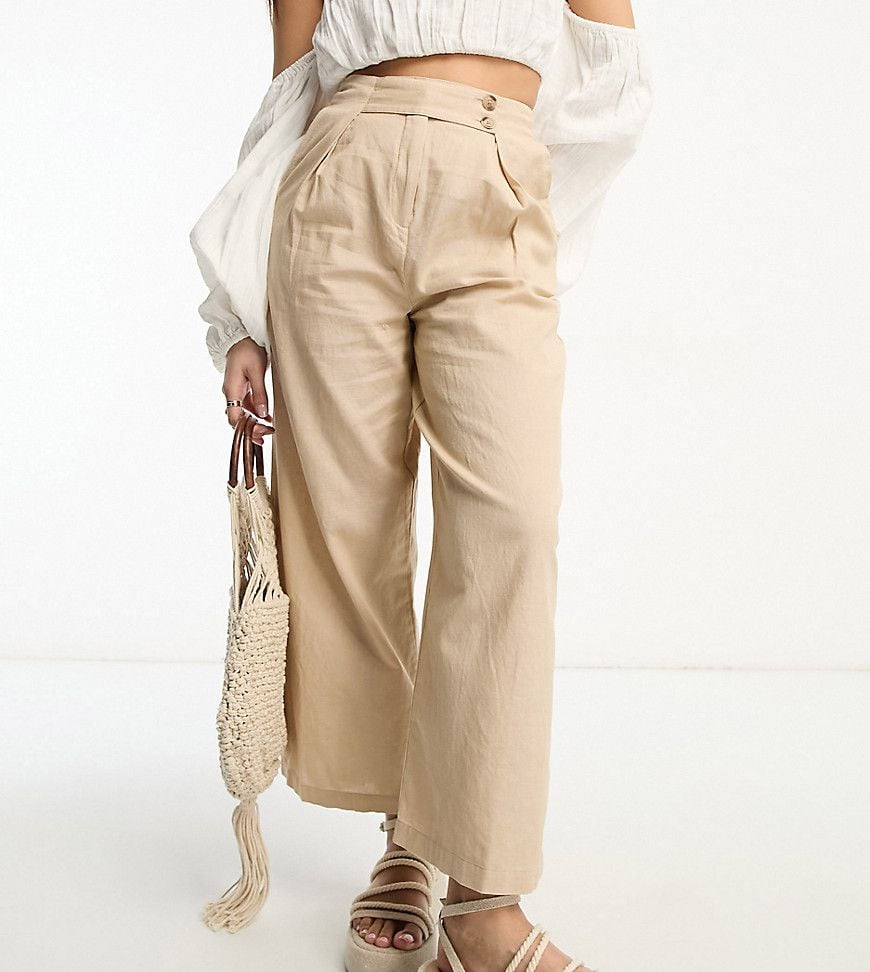 Pantaloni beige a fondo ampio effetto lino con linguetta con bottoni - Vila Petite - Modalova