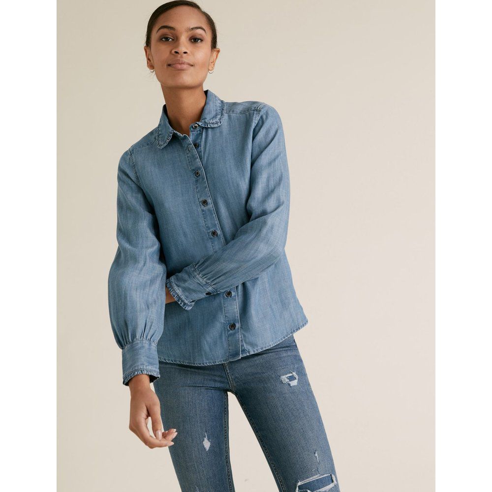 Tencel™ Denim Peter Pan Frill Collar Shirt - Marks & Spencer - Modalova