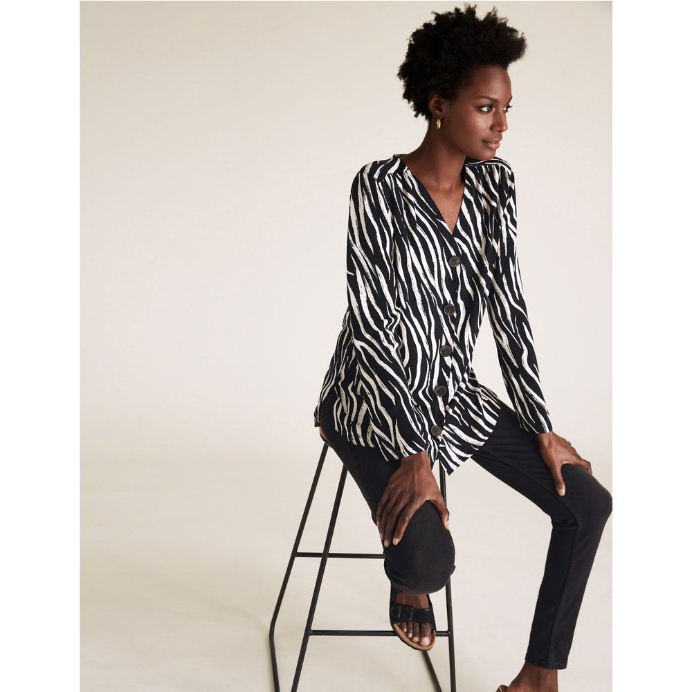 Zebra Print V-Neck Long Sleeve Tunic black - Marks & Spencer - Modalova
